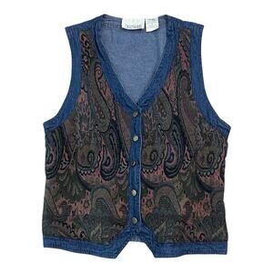 Vintage 90s Denim Tapestry Vest Paisley Boho Button Front Belted Back Medium -